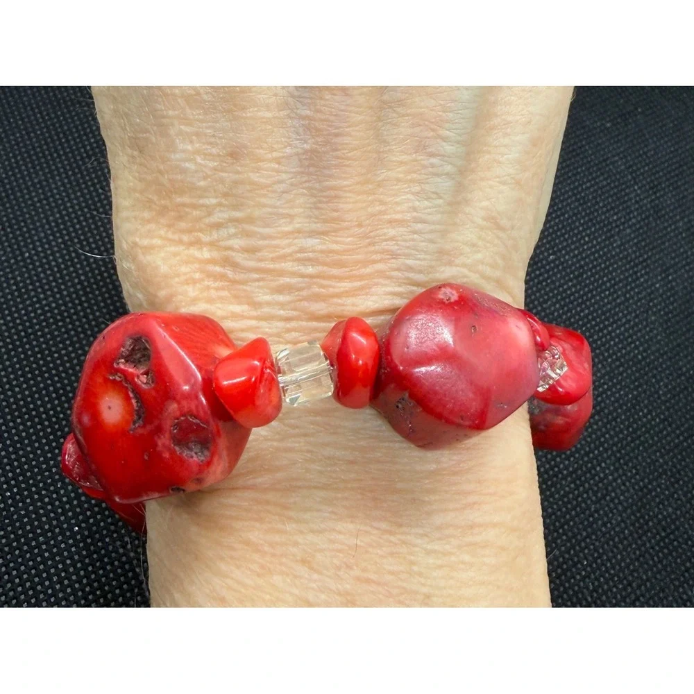 Red Chunky Coral Bead Bracelet Angel Wing Heart Toggle Clasp Boho  8.25